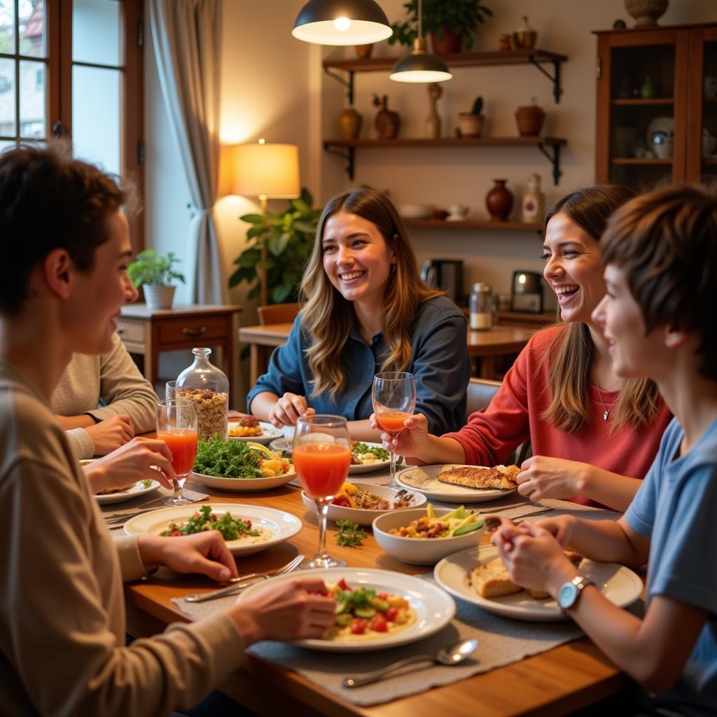 A Spanish family enjoying dinner together during a homestay program