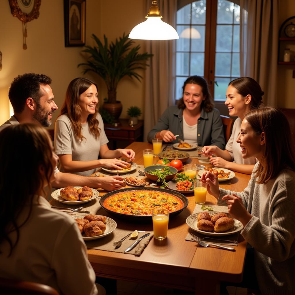 Spanish Family Enjoying Paella Dinner in a Homestay