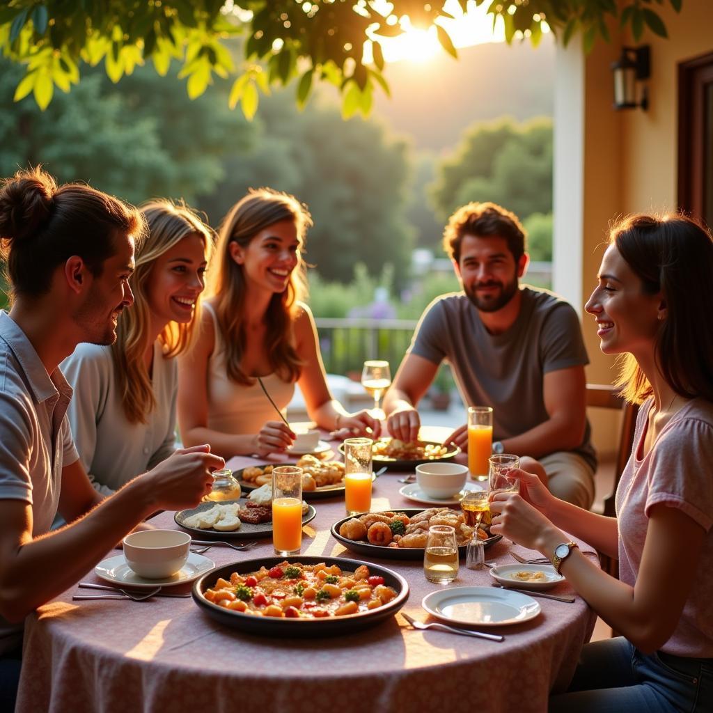 Spanish Family Enjoying Paella Dinner in a Homestay