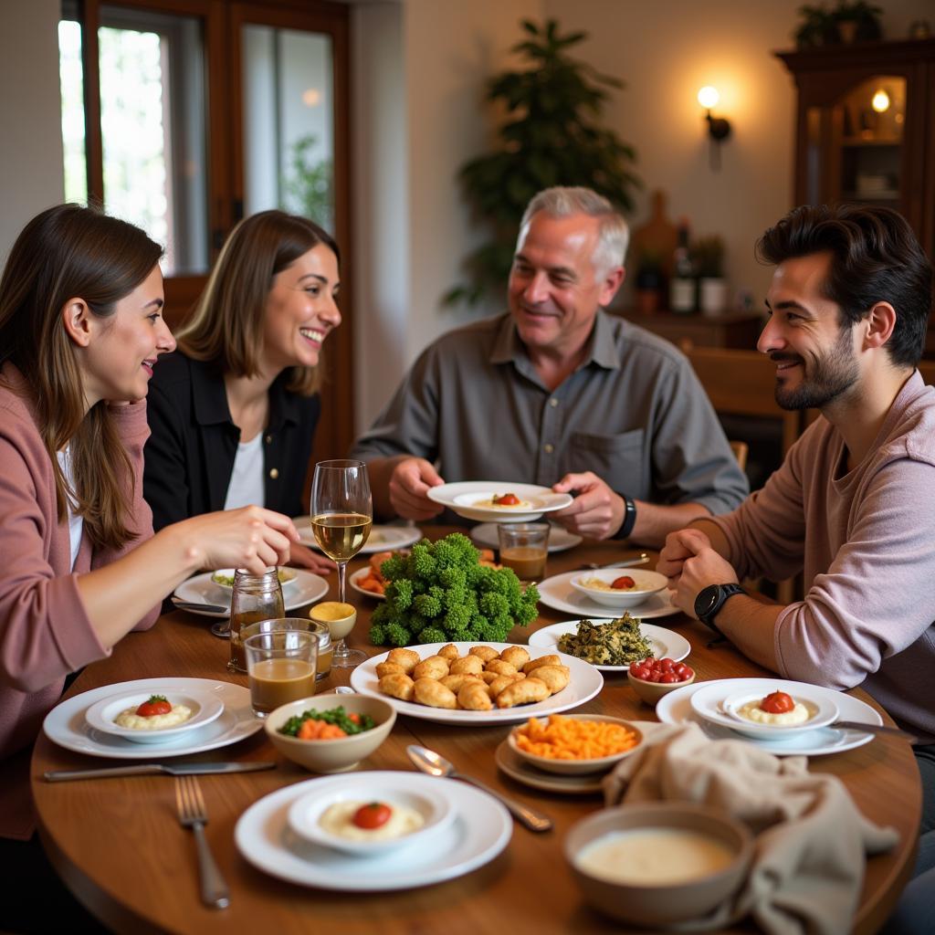 Spanish Family Enjoying Meal with Homestay Guest