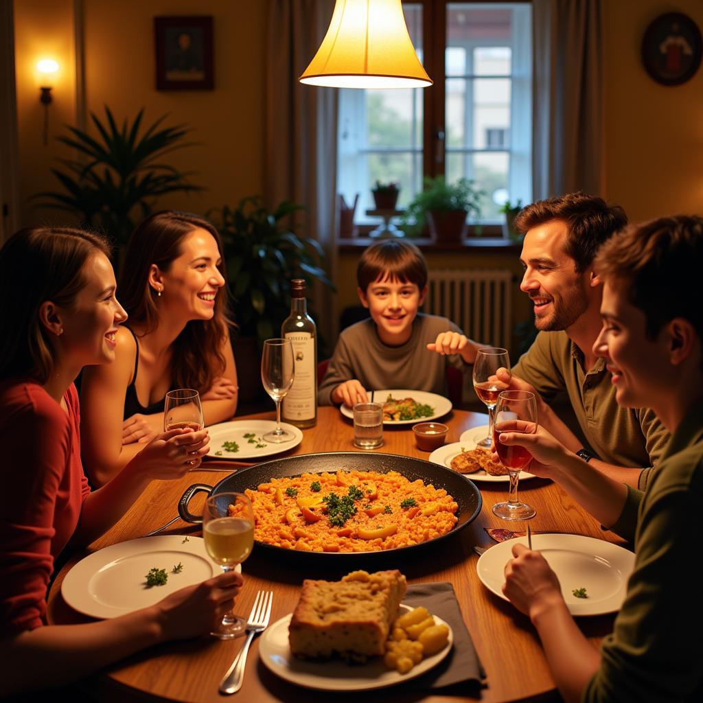 Family Enjoying Paella in a Spanish Homestay