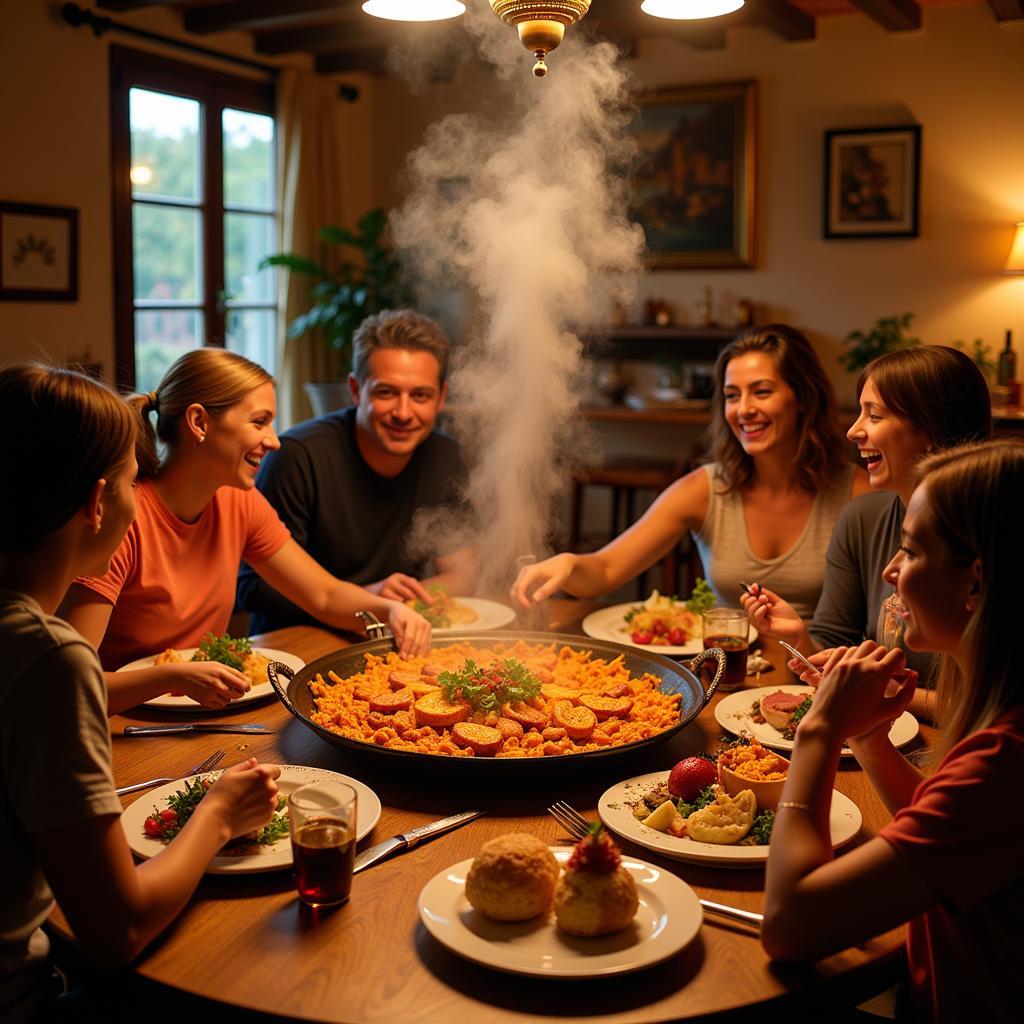 Family enjoying a traditional paella dinner in a Spanish homestay