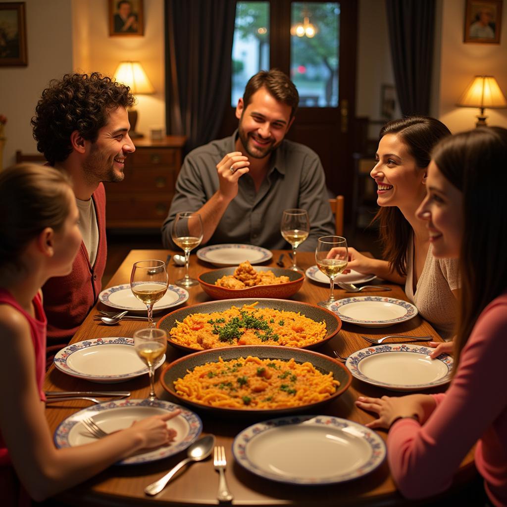 Family enjoying a traditional paella dinner