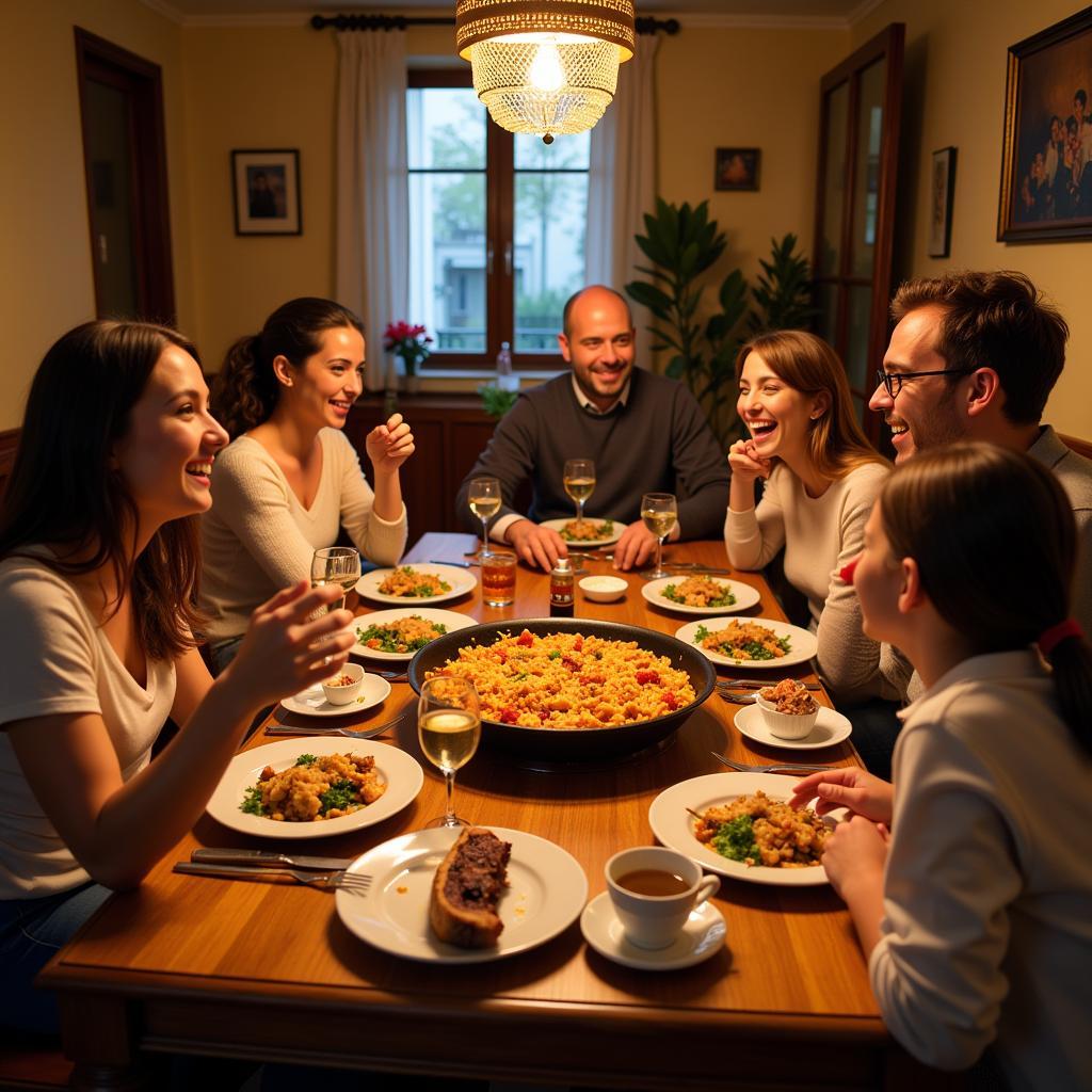 A Spanish family enjoying a traditional paella dinner together.