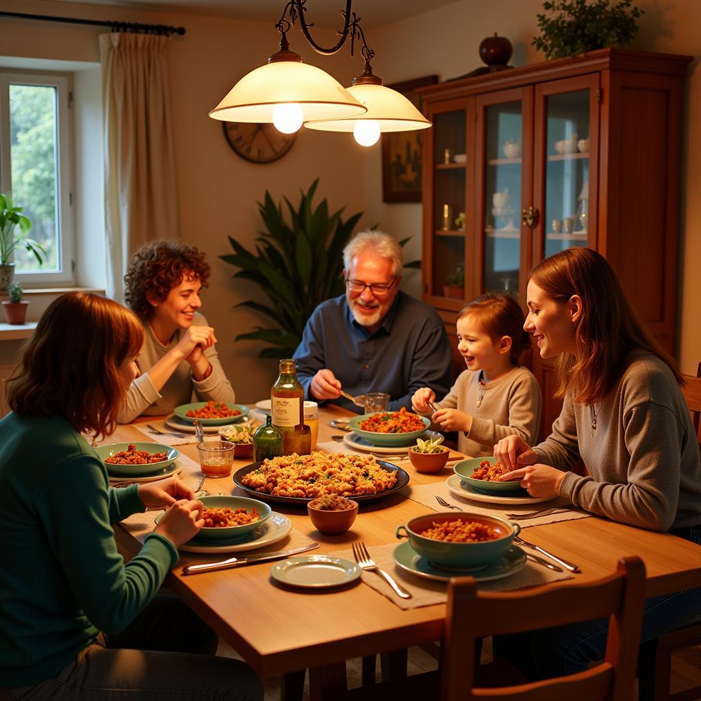 Spanish Family Enjoying Paella Dinner at a Butterworth Homestay