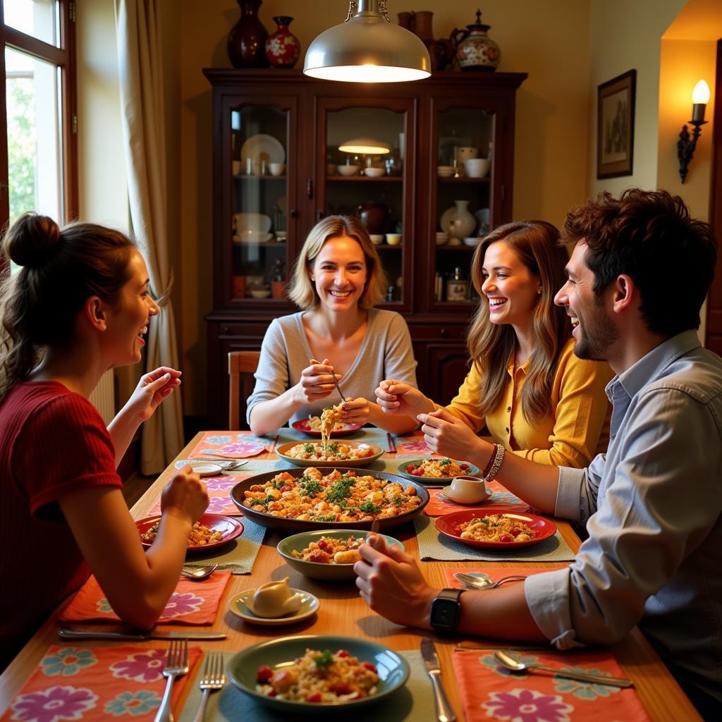 Spanish family enjoying paella dinner at a homestay