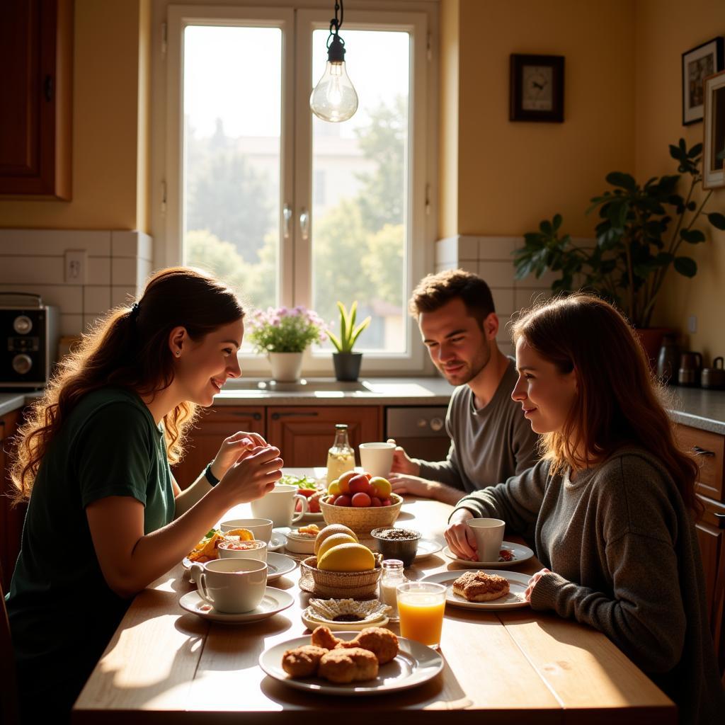 Spanish Family Enjoying Breakfast Together in a Homestay