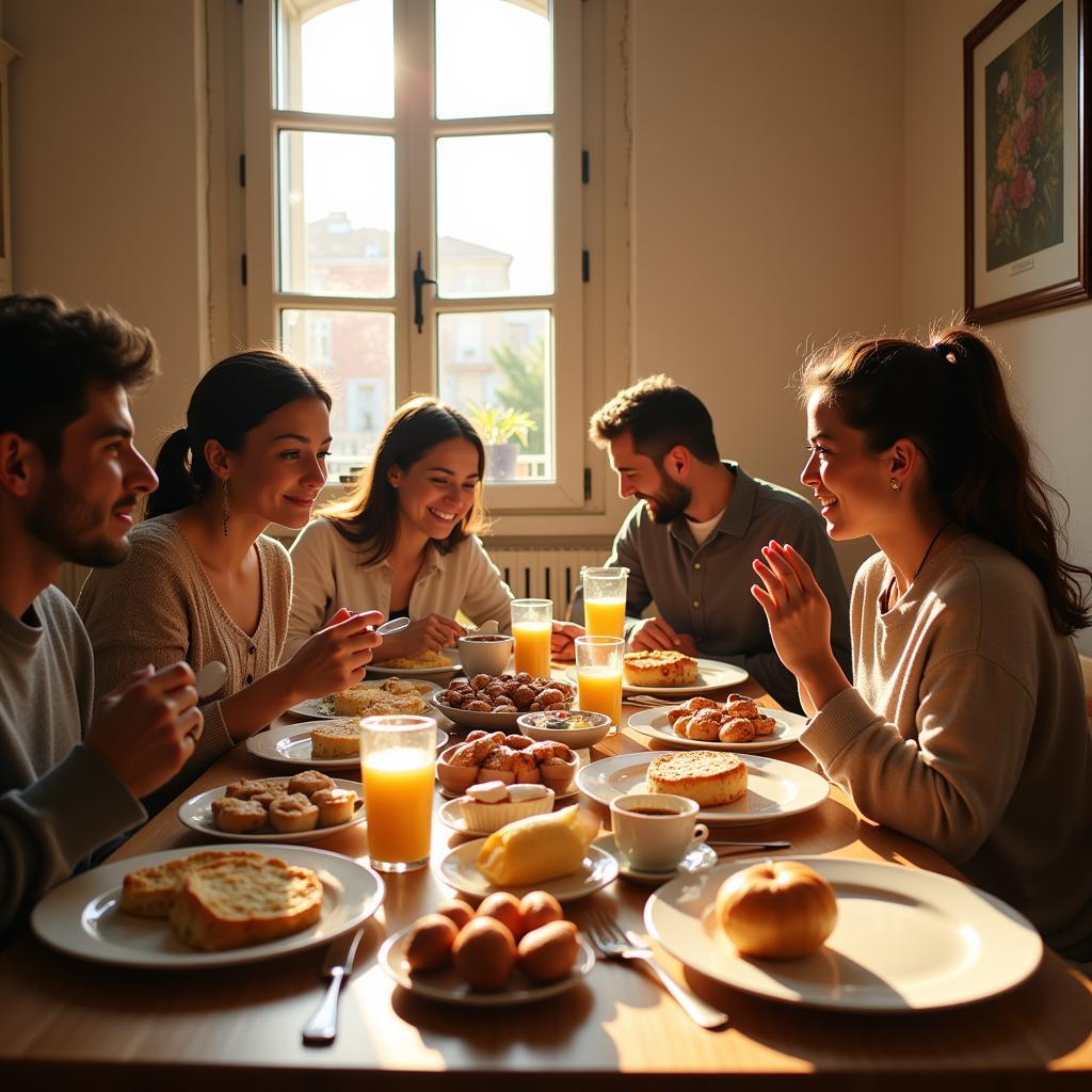 Spanish family enjoying breakfast together in a cozy homestay setting