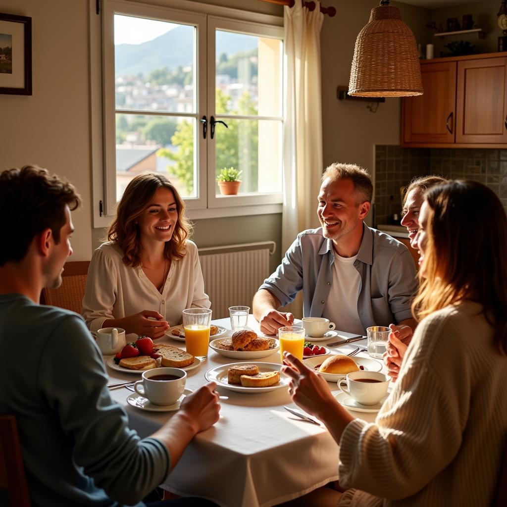 Spanish Family Enjoying Breakfast Together in a Homestay