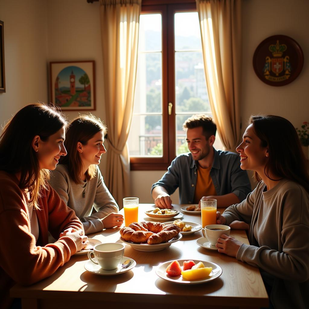 Spanish Family Enjoying Breakfast Together in a Homestay