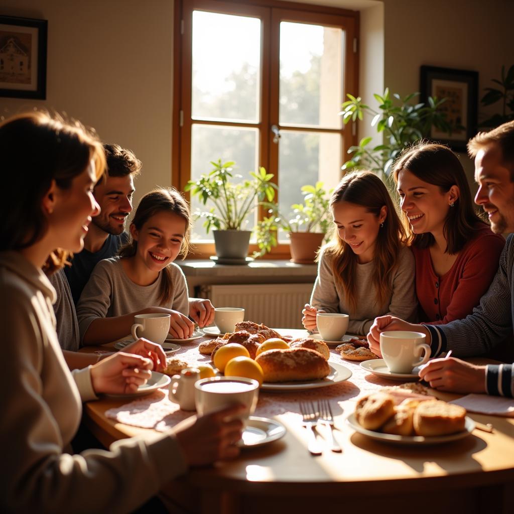 Spanish Family Enjoying Breakfast Together at a Homestay