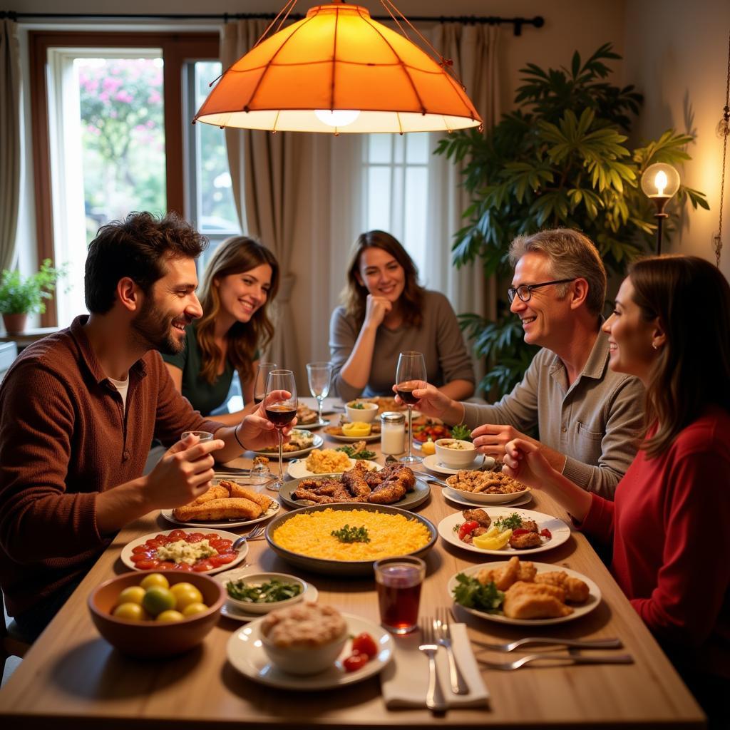 Family enjoying a traditional Spanish dinner during a homestay