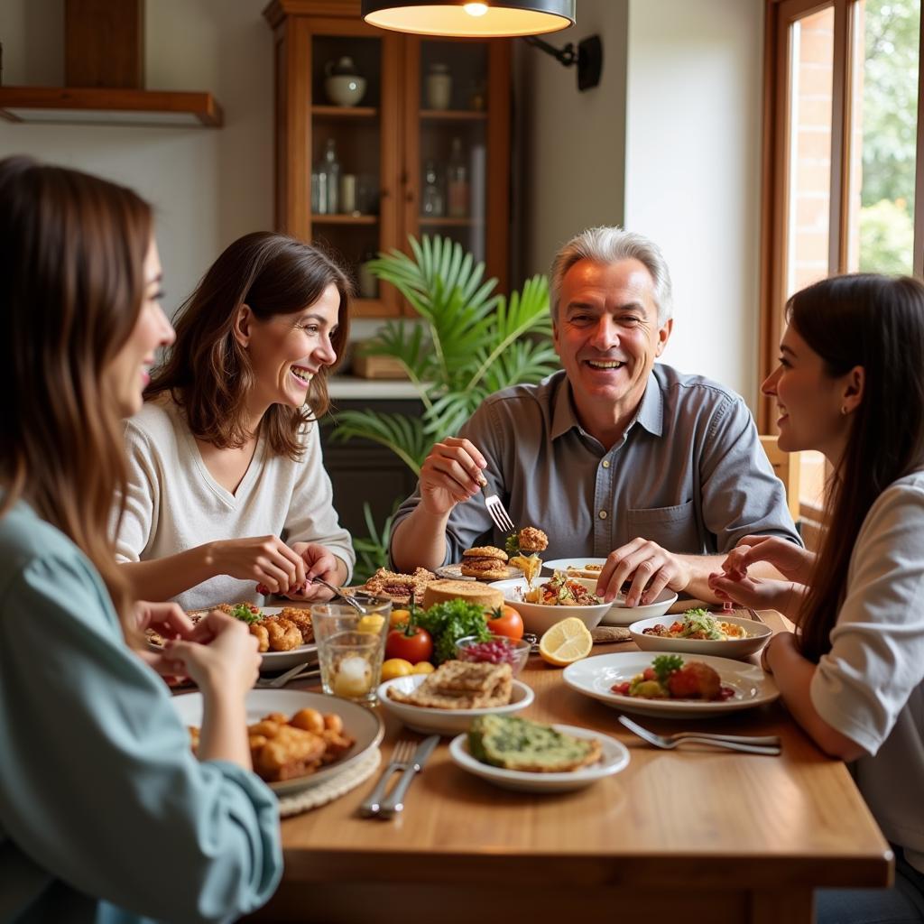 A Spanish family enjoying dinner together in their home with a homestay guest.