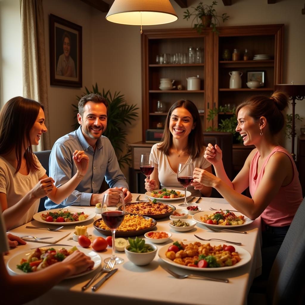 Spanish Family Enjoying Dinner with Homestay Guest