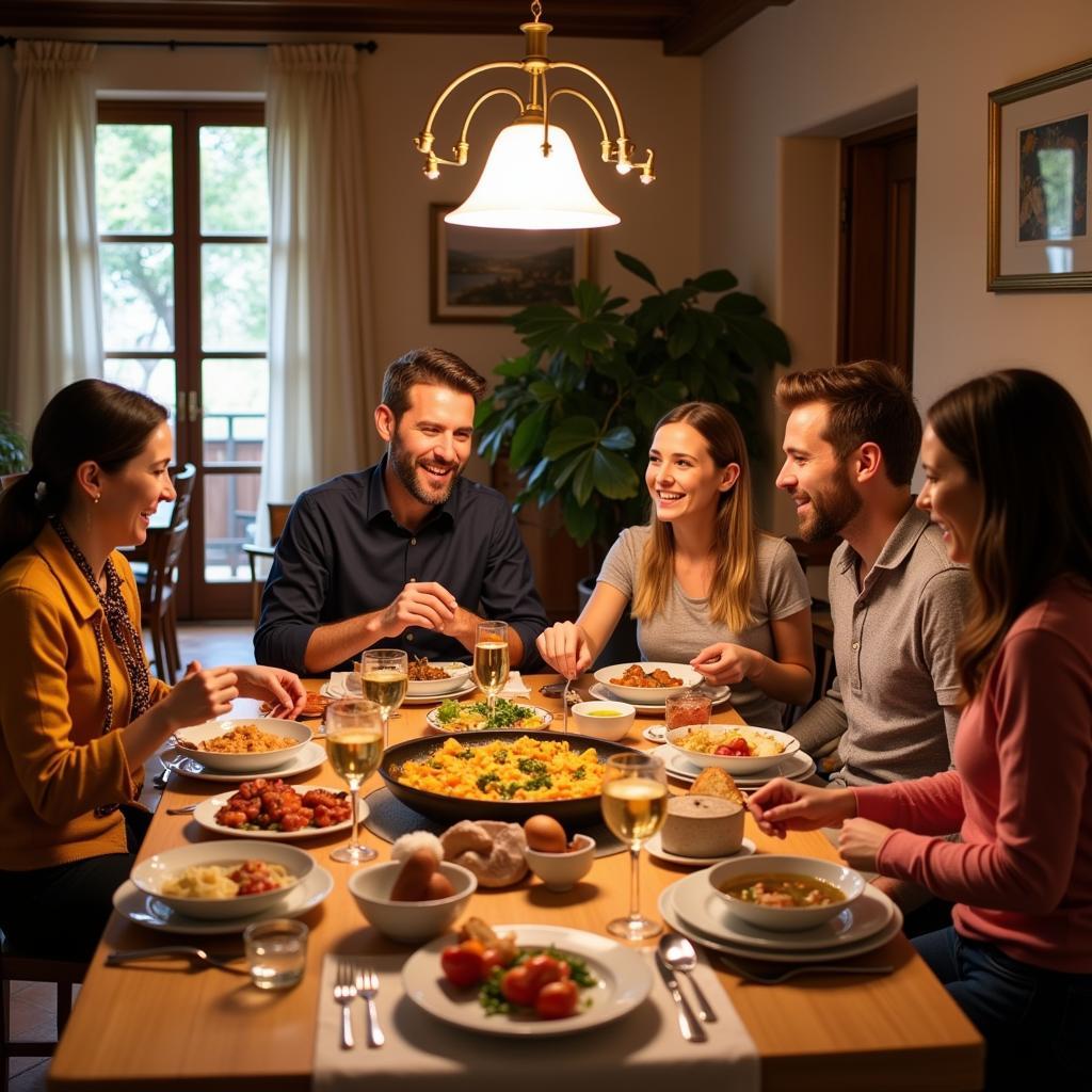 Spanish Family Enjoying Dinner with Homestay Guest