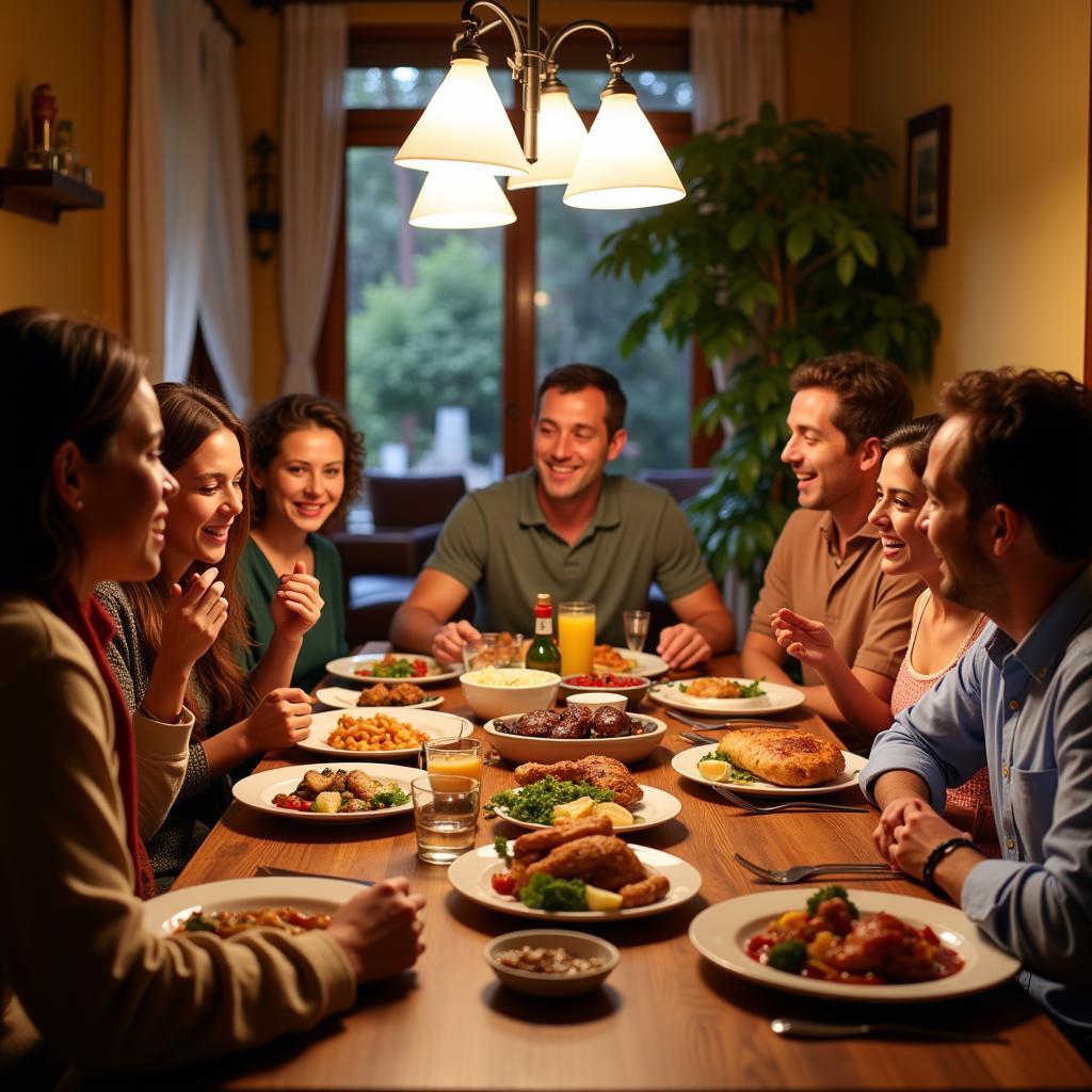 Spanish Family Enjoying Dinner with Homestay Guest