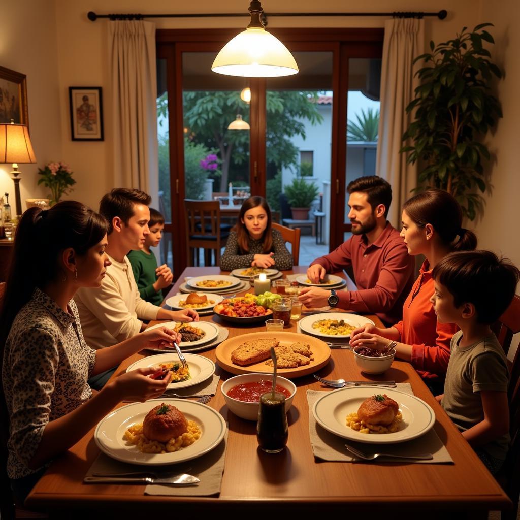 A heartwarming scene of a Spanish family sharing a meal with their homestay guest.