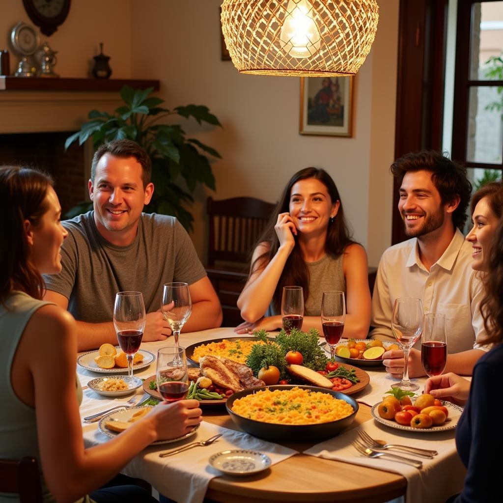 Spanish Family Enjoying Dinner with Homestay Guest