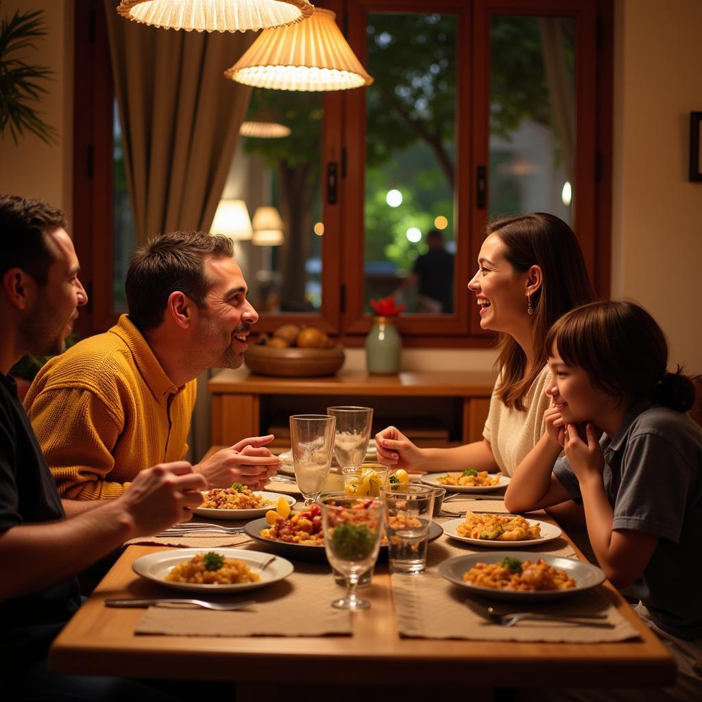 A warm and inviting scene of a Spanish family enjoying dinner with their homestay guest