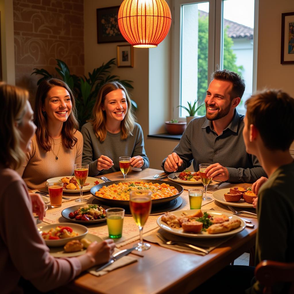 Family enjoying a traditional Spanish dinner in a homestay