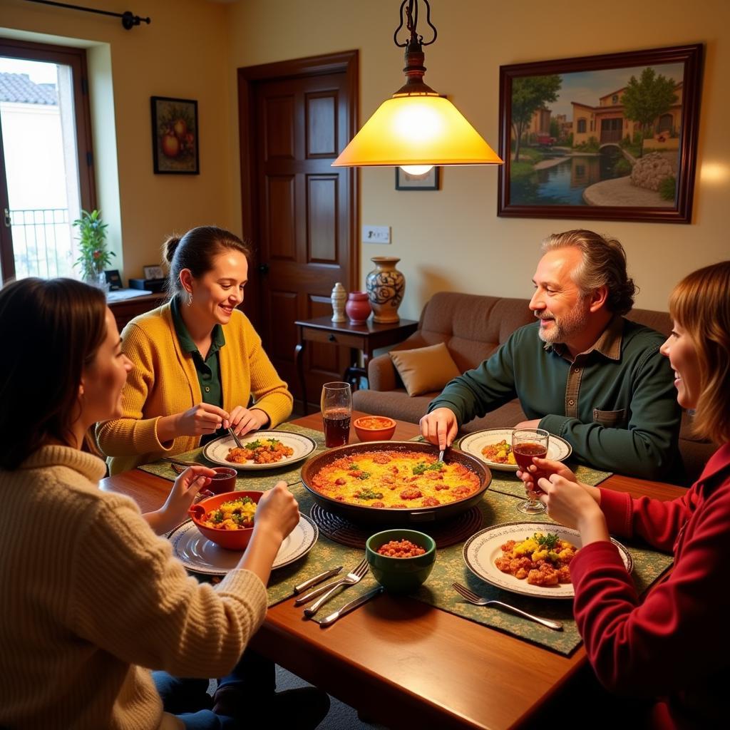 Family enjoying a traditional Spanish dinner in a homestay