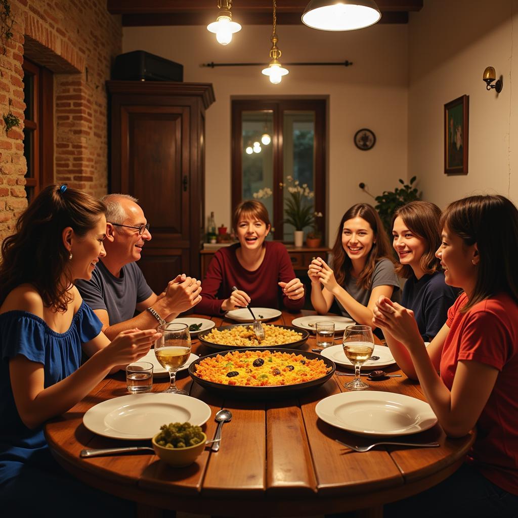 Spanish Family Enjoying Dinner with Homestay Guest