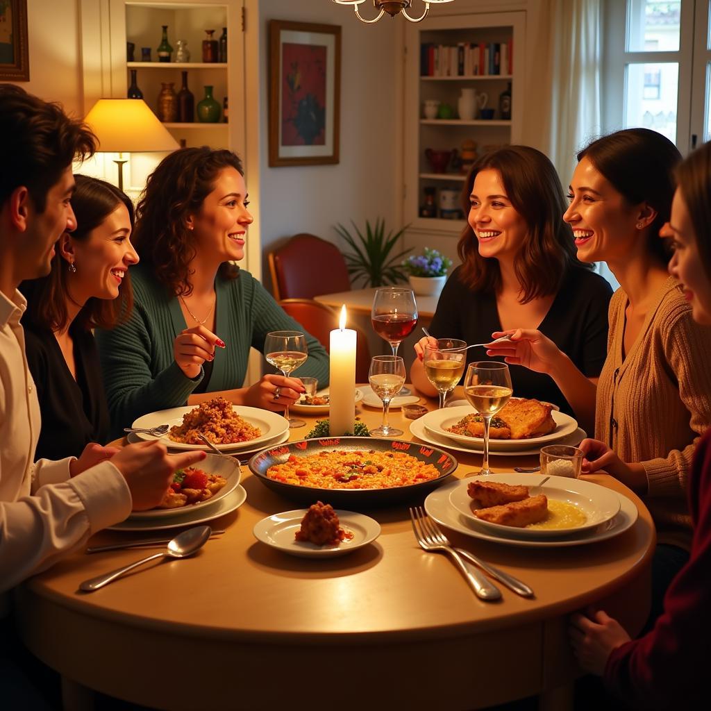 Family enjoying a traditional Spanish dinner in a homestay