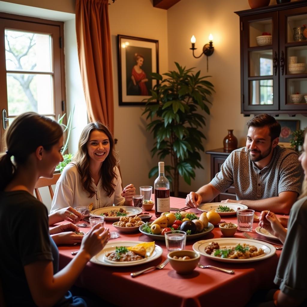 Spanish family enjoying dinner together during a homestay