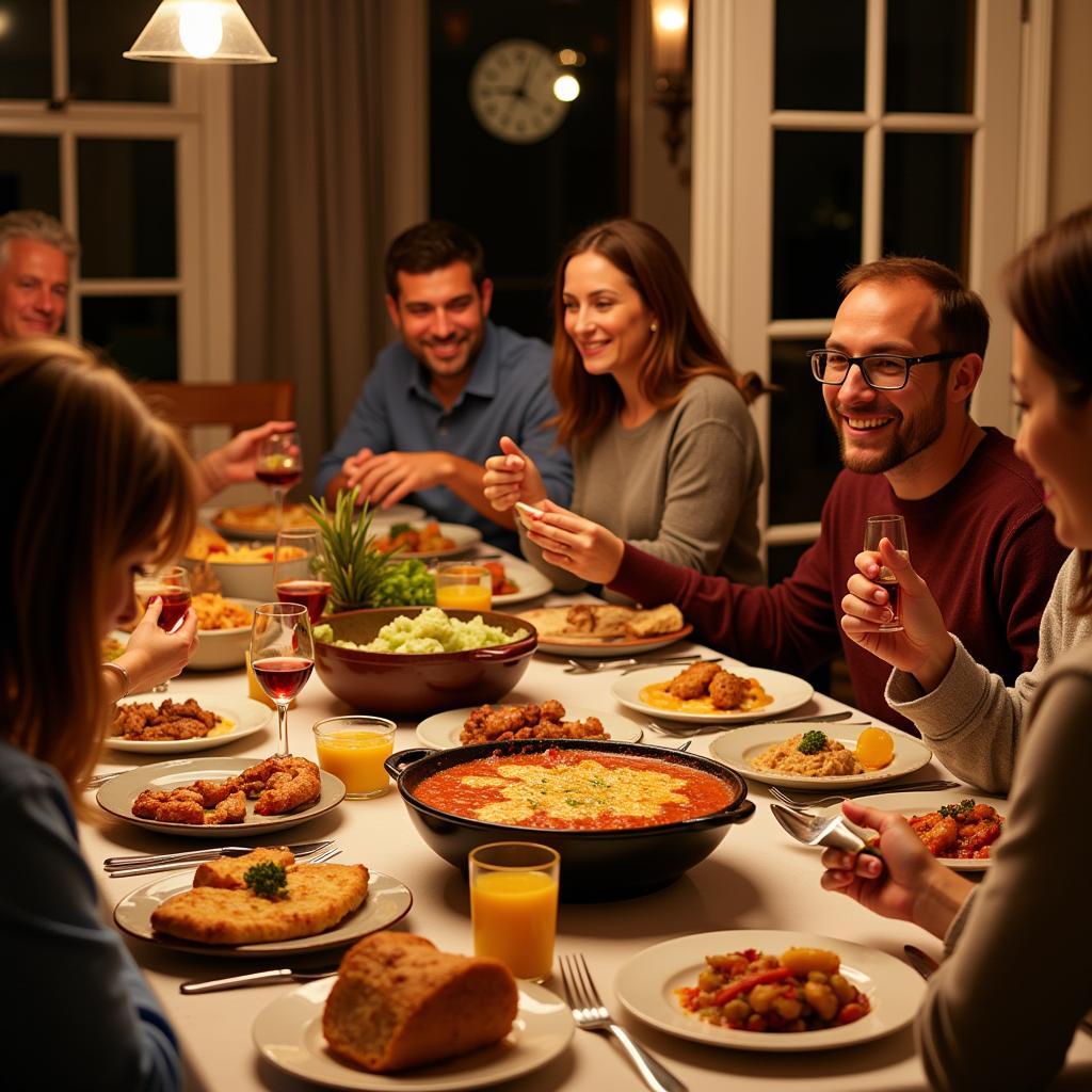 Guests enjoying a delicious traditional Spanish meal with their host family during a bien dao homestay.