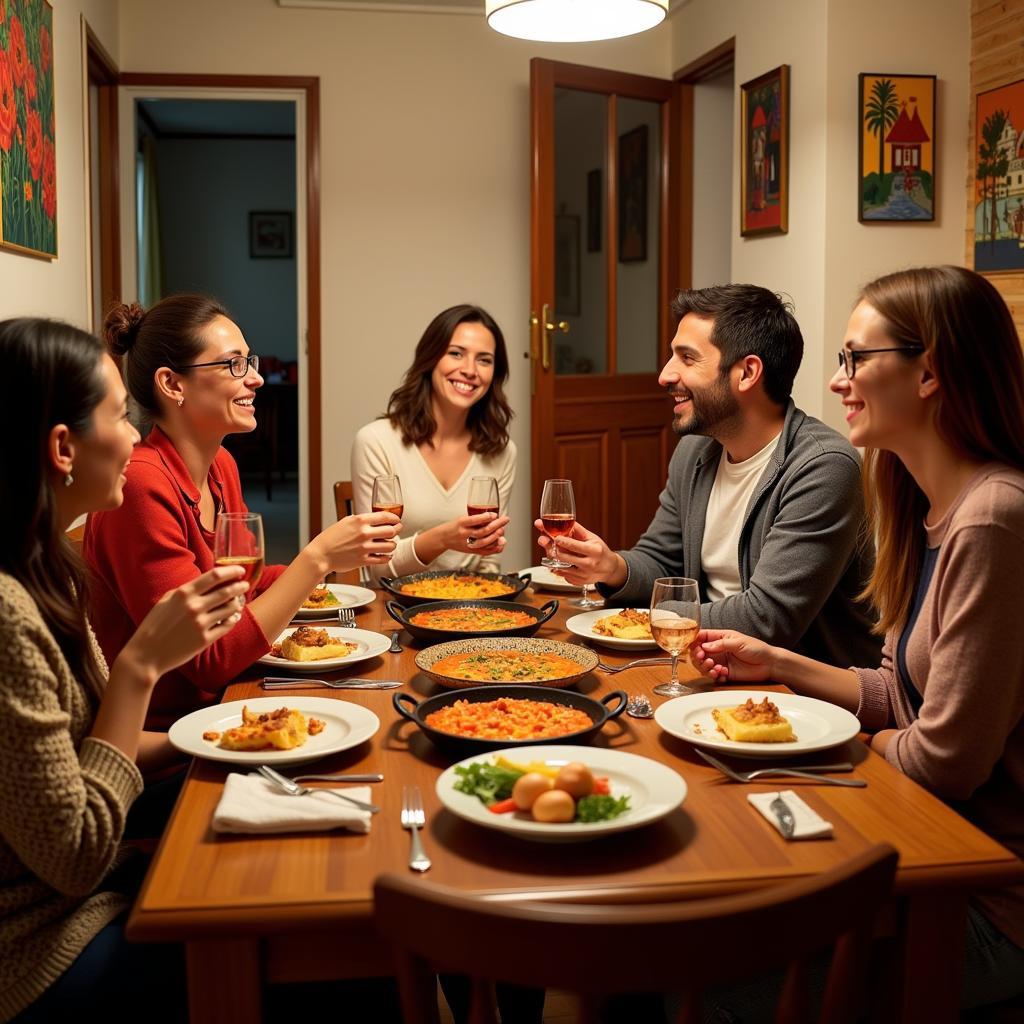 Family enjoying paella dinner in a Spanish homestay