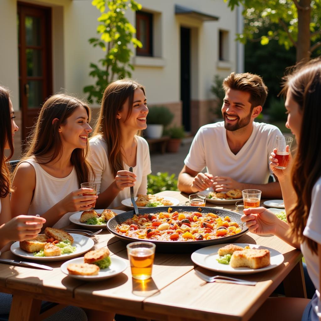 Family enjoying paella lunch in a Spanish home