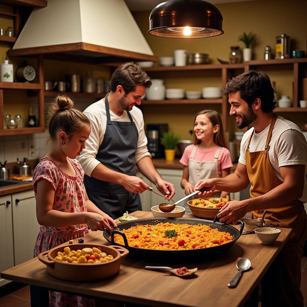 Family preparing Paella in a Spanish homestay kitchen