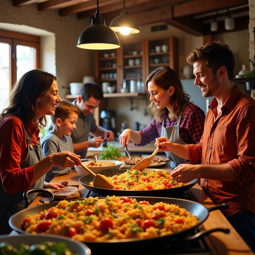 Spanish Family Preparing Paella in a Homestay