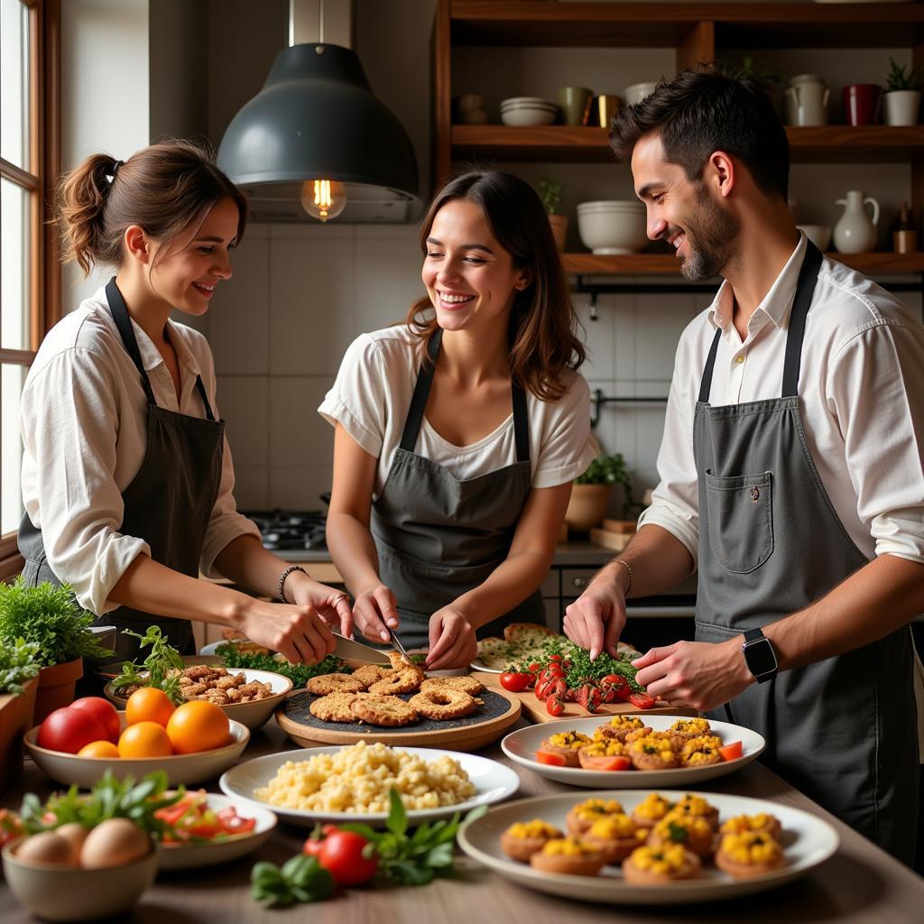 A Spanish family preparing tapas together in their kitchen