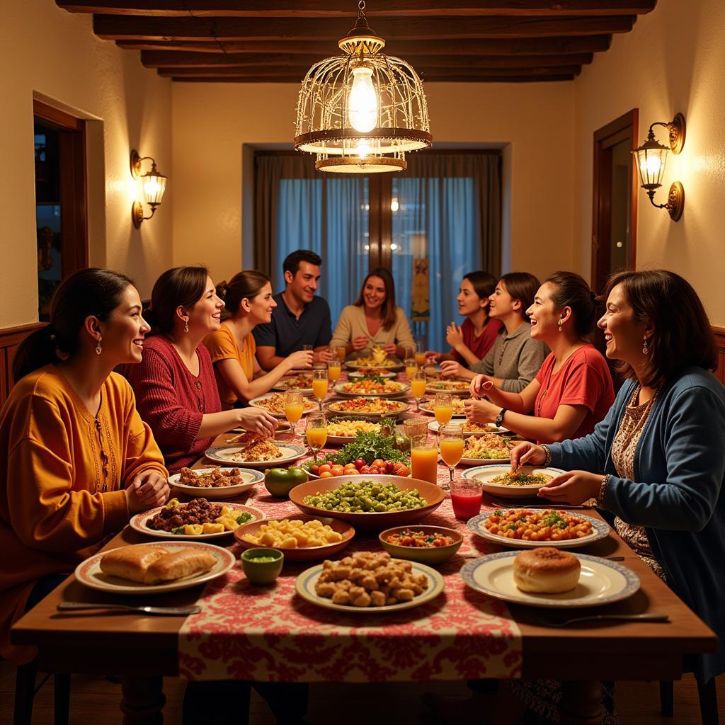 A Spanish family sharing a meal together at a long table