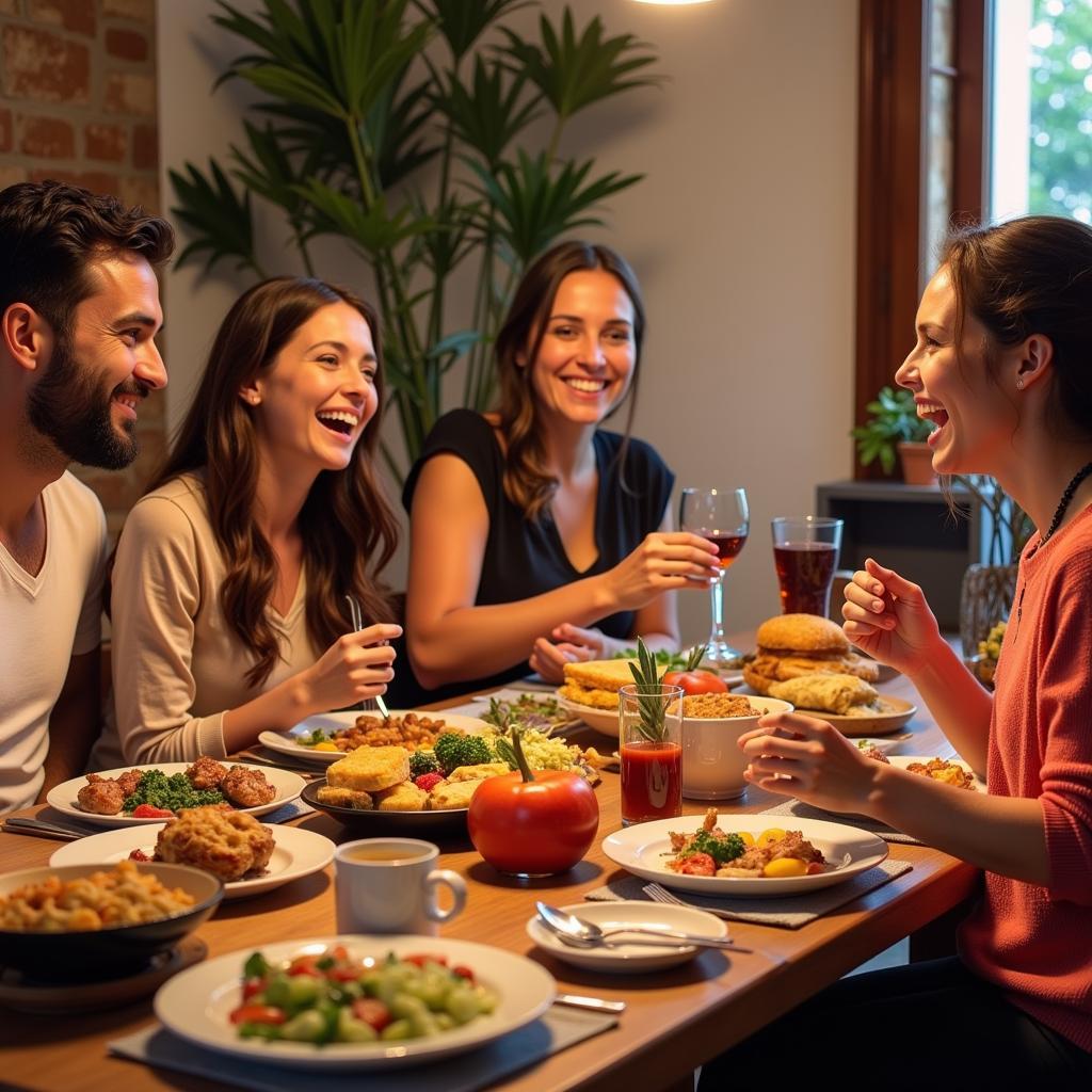 A Spanish family sharing a meal with their homestay guests in a warm and inviting dining room.