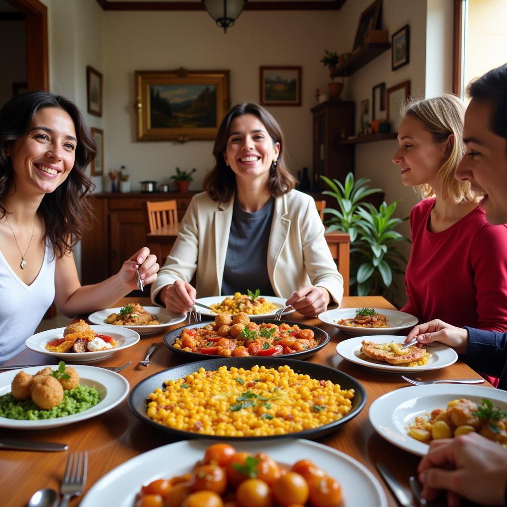 Spanish Family Sharing Paella with Guests