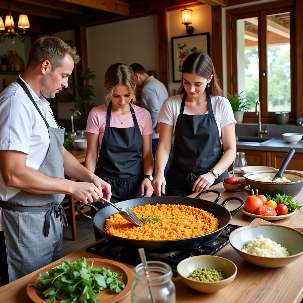 Guests participating in a paella cooking class during their feng chia homestay in Spain.