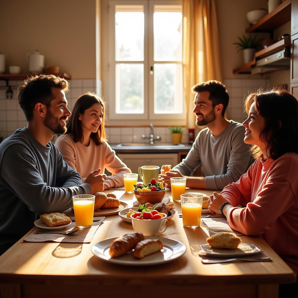 A Spanish family enjoying breakfast together in their kitchen, the table laden with traditional pastries, fruit, and coffee.