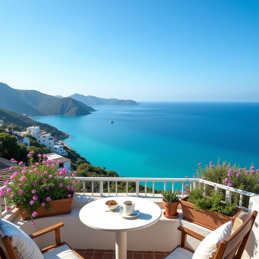 A breathtaking view of the Spanish coastline from a homestay balcony, illustrating the diverse locations and scenic beauty accessible through "me Stay in Spain".