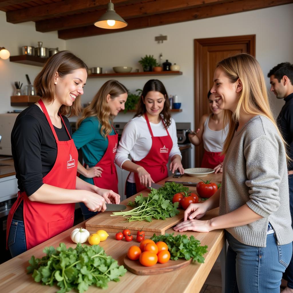 Guests participating in a cooking class with their homestay host, learning to prepare traditional Spanish dishes.