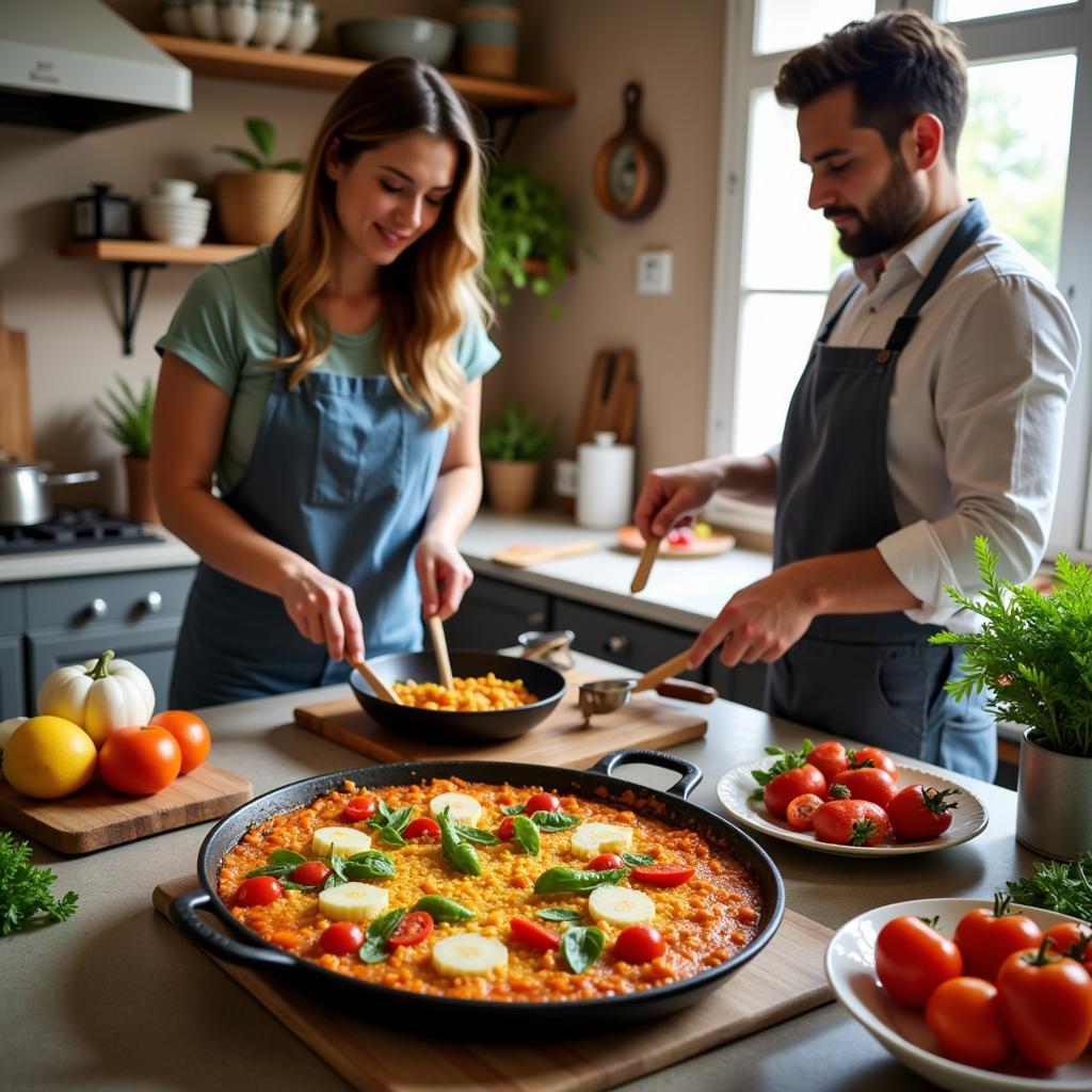 Learning to make paella in a Spanish homestay