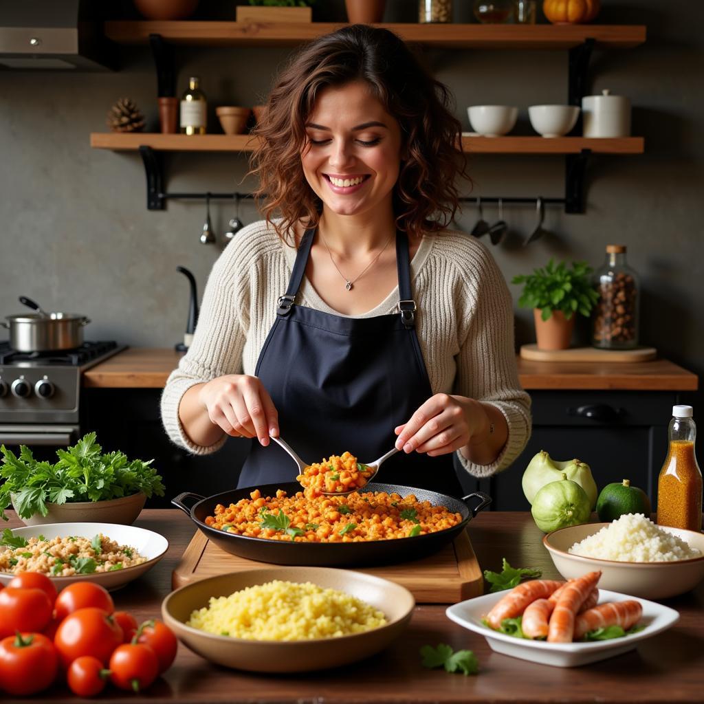 Preparing a traditional Paella dish in a Spanish homestay kitchen