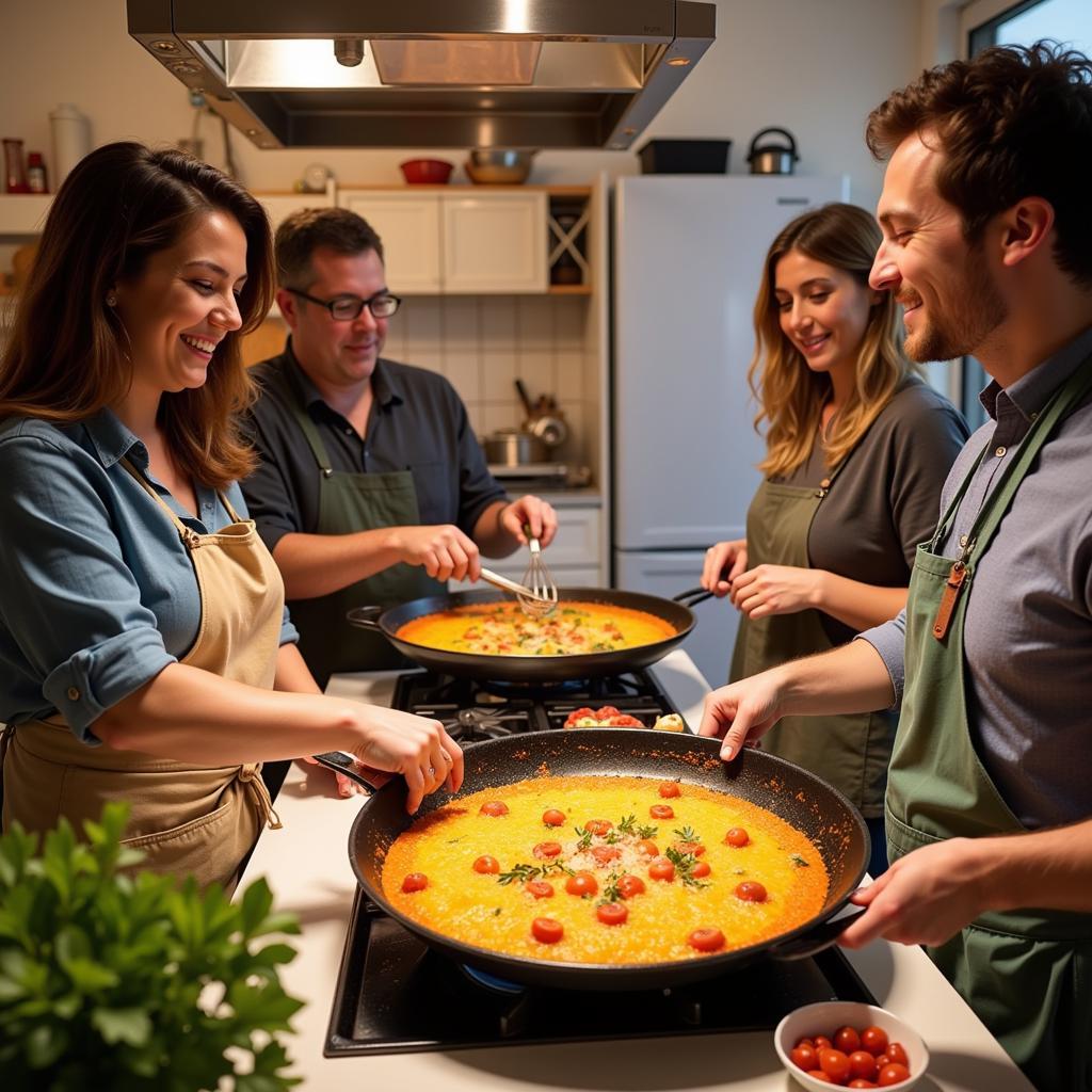 Homestay guests learning to cook paella with their host family