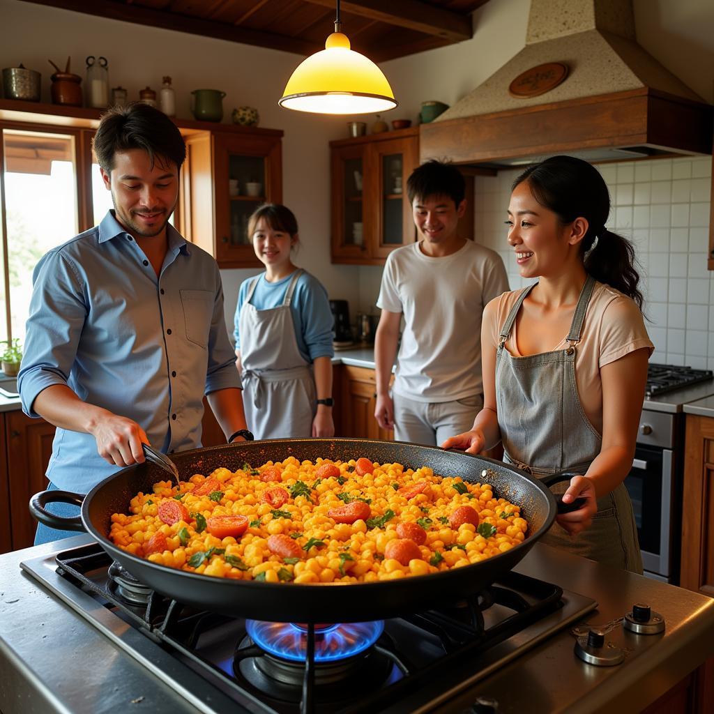 Learning to cook paella with a Spanish host family.