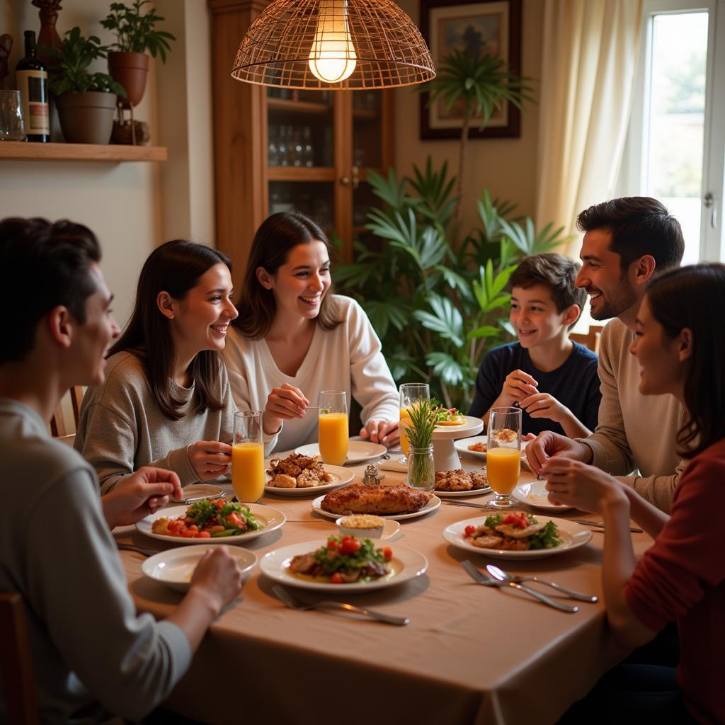 A welcoming Spanish family hosting an English student in their vibrant home, sharing a meal together and enjoying lively conversation.