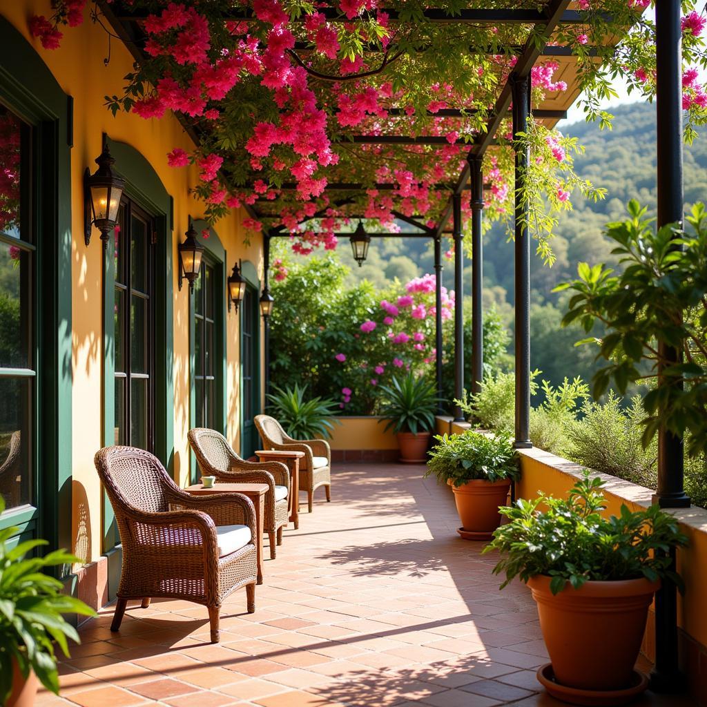 A cozy patio in a Spanish homestay, filled with vibrant flowers and comfortable seating, perfect for enjoying a morning coffee or evening tapas.