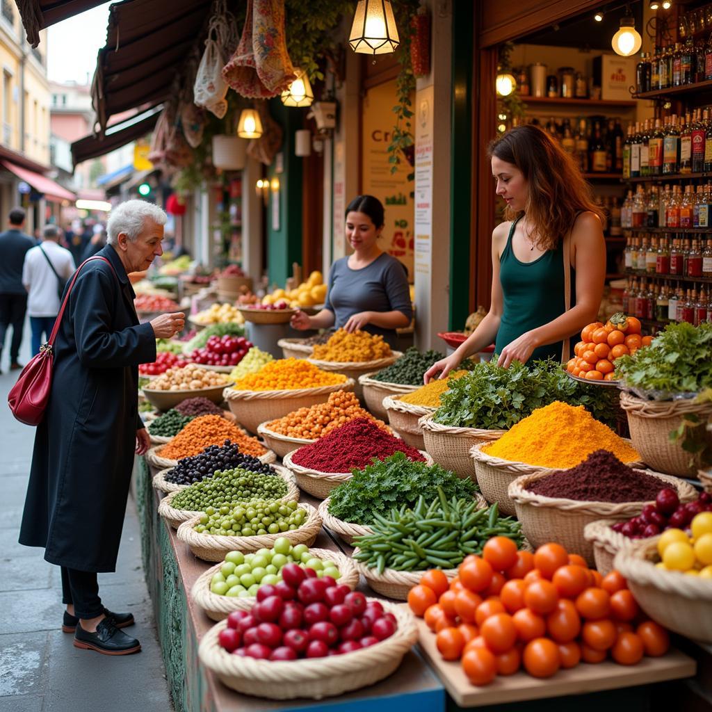 Homestay guests exploring a vibrant local market in Spain.