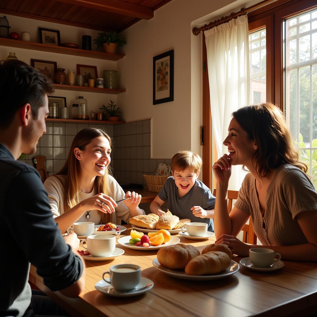 Spanish Family Enjoying Breakfast Together in a Homestay