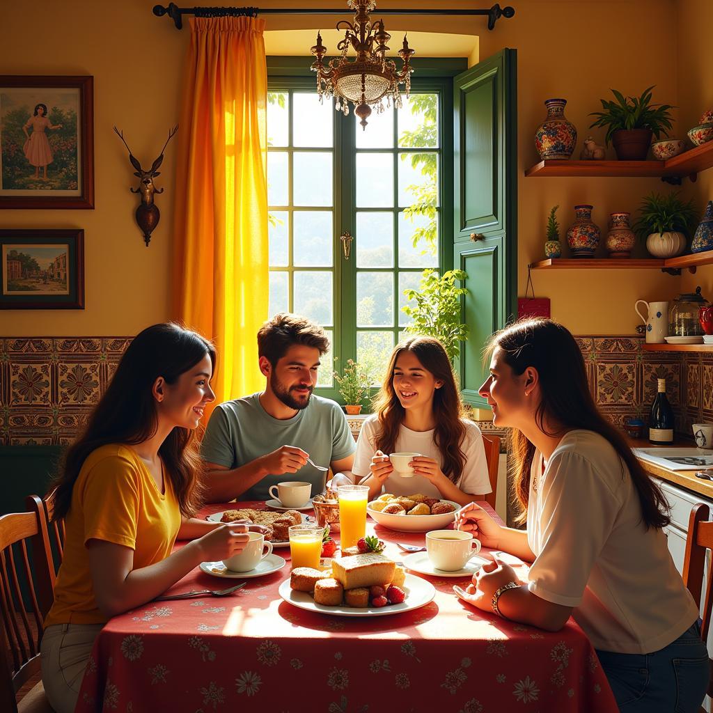 Spanish Family Enjoying Breakfast Together in a Homestay